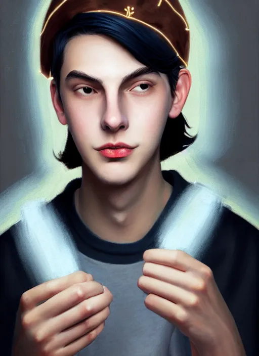 Image similar to portrait of teenage jughead jones wearing a light grey crown, crown, hamburger background, eyes closed, crown, black hair, intricate, elegant, glowing lights, warm lighting, highly detailed, digital painting, artstation, concept art, smooth, sharp focus, illustration, art by wlop, mars ravelo and greg rutkowski