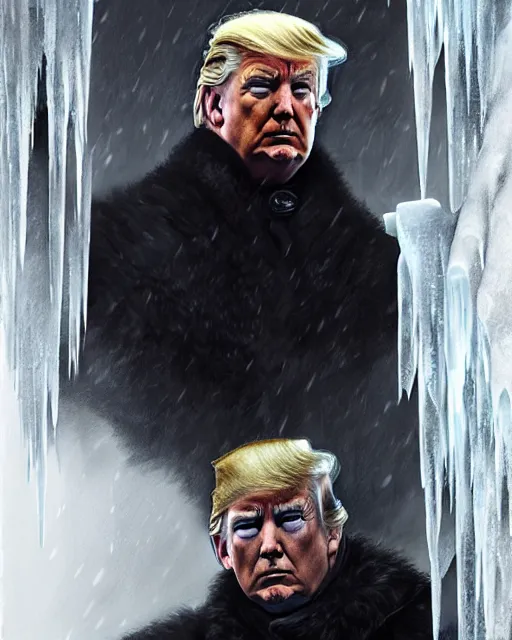 Image similar to trump as man of the night's watch, on the wall made of ice, middle ages, game of thrones | | realistic shaded, fine details, realistic shaded lighting painting by greg rutkowski, diego gisbert llorens, magali villeneuve, artgerm, jeremy lipkin, michael garmash, rob rey