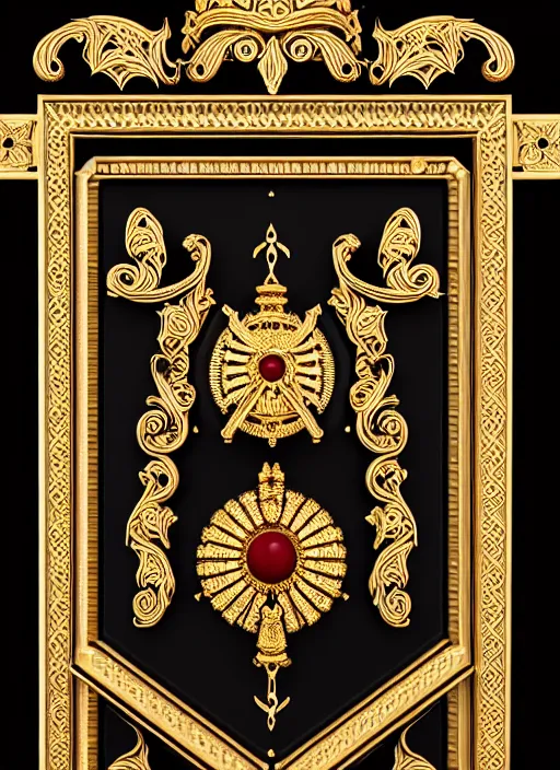 Image similar to black background, a beautiful symmetrical wooden shield decorated with gold, ivory and dark red, front facing view, mirrored, ornamental art, octane render, royal shield