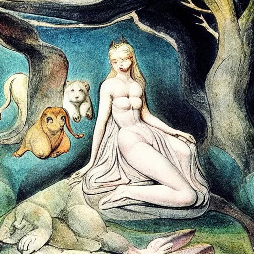 Prompt: by william blake harrowing. a beautiful installation art of princess aurora singing in the woods while surrounded by animals. she looks so peaceful & content in the company of the animals, & the colors are simply gorgeous.
