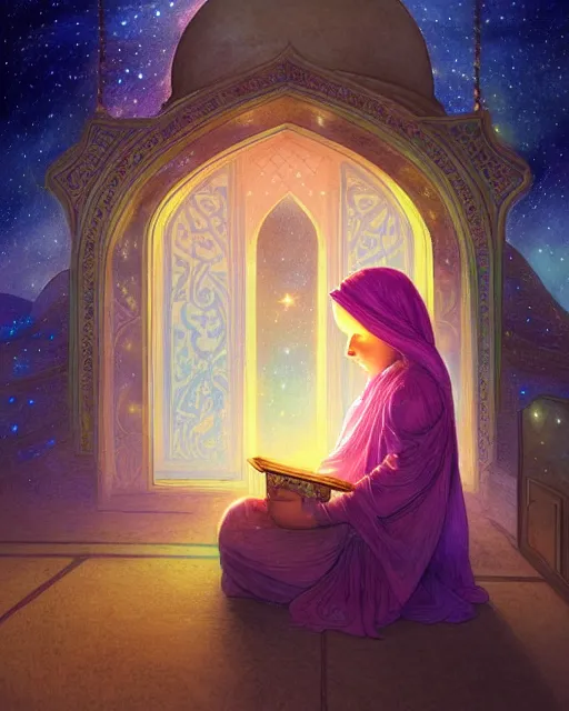 Image similar to bedouin child reading the quran inside of the mosque in the galaxy surrounded by nebula, highly detailed, gold filigree, romantic storybook fantasy, soft cinematic lighting, award, disney concept art watercolor illustration by mandy jurgens and alphonse mucha and alena aenami, pastel color palette, featured on artstation