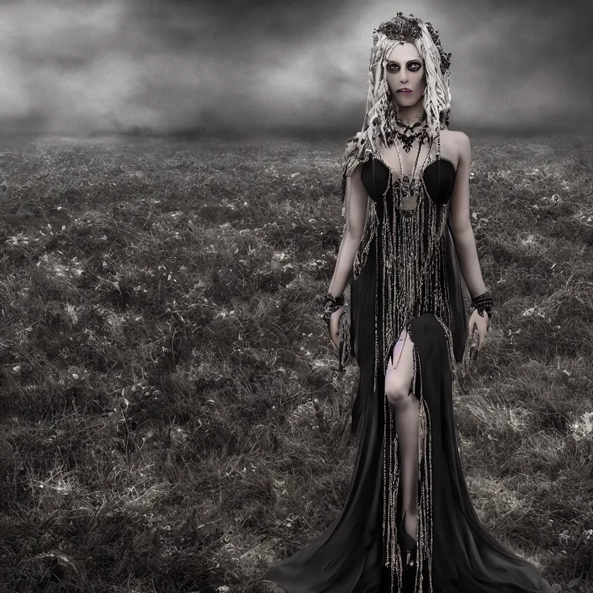 Image similar to A stunning Gothic goddess of jewels in an empty land, dark and mysterious, atmospheric, ominous, eerie, cinematic, Epic, 8k, 4k, ultra detail, ultra realistic, rendered by awesomeness