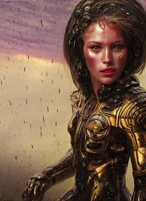 Image similar to a biblical diabolical beautiful female android, rain on face, shiny hi tech armor, dynamic pose, splashing, heavy eyes to the side, glowing veins, in clouds, rain and lightning storm, sunset, portrait, by gerald brom, by mikhail vrubel, by peter elson, muted colors, extreme detail, reflections, trending on artstation, 8 k