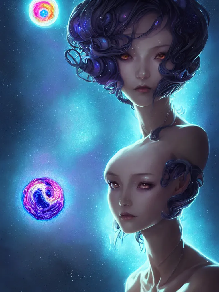 Image similar to azathoth girl wearing a dress made of milky way, conquest earth, occlusion shadow, specular reflection, rim light, unreal engine, artgerm, artstation, art by hiroaki samura and ilya kuvshinov and ossdraws, intricate, highly detailed 8 k, fantasy illustration, extremely beautiful and aesthetic shape of face and body