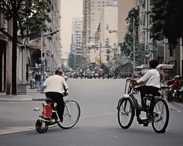 Prompt: a lomographic photo of a priest on bicycle, year 1 9 7 0, cinestill, bokeh, perfect light, high details, symetry, perfect high quality