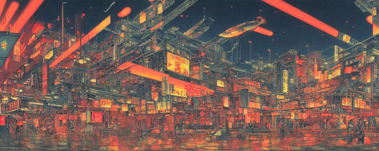 Prompt: factory exploding at night in the center of a futuristic sci-fi asian city, signboards, neon lights, blade runned color palette, by Yasunari Ikenaga, Yamato, Macross