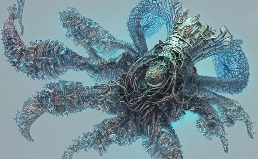 Image similar to sci - fi biomechanical, mandelbulb 3 d, colored, unreal engine, fractal flame, monster character design, fantasy. intricate jellyfish crab eagle lizard biomechanical. by ernst haeckel
