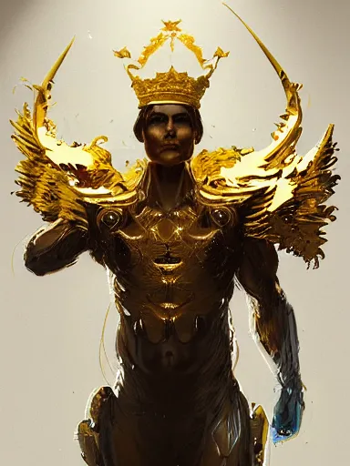 Image similar to tom cruise portrait of yellow angel king wearing shiny crown, subtle light accents, gold rococo, tom cruise face, sculpted by alex alice, craig mullins, yoji shinkawa, trending on artstation, beautifully lit, peter mohrbacher, hyper detailed, insane details, intricate, elite, elegant, luxury, cgsociety, hypermaximalist,