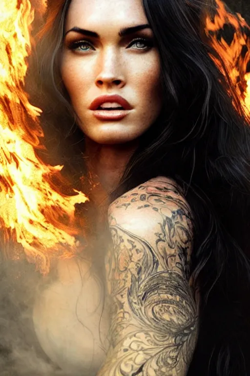 Image similar to Majestic and regal portrait of Megan fox made of smoke and fire!!, intricate, epic, elegant, menacing, fantasy, highly detailed, digital painting, hard focus, beautiful volumetric lighting, epic light, ultra detailed, souls, smoke, by Leesha Hannigan, Ross Tran, Thierry Doizon, Kai Carpenter, Ignacio Fernández Ríos