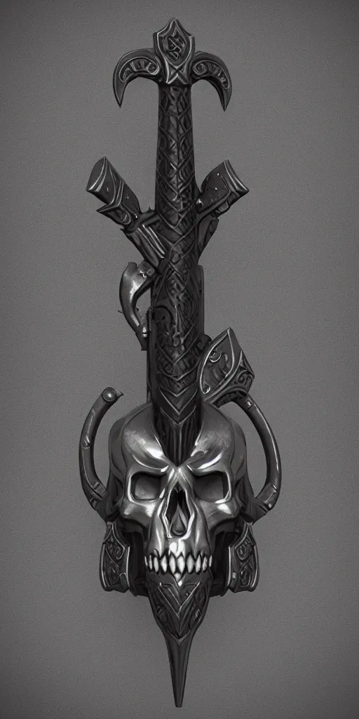 Image similar to a black and silver axe skull crest, ornament, dwarven weapon, by dom qwek, trending on artstation, hard surface modeling, axe, ax