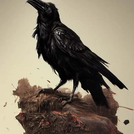 Image similar to a raven made of bloody saws, ultra realistic, concept art, intricate details, highly detailed, photorealistic, octane render, 8 k, unreal engine, art by frank frazetta, simon bisley, brom