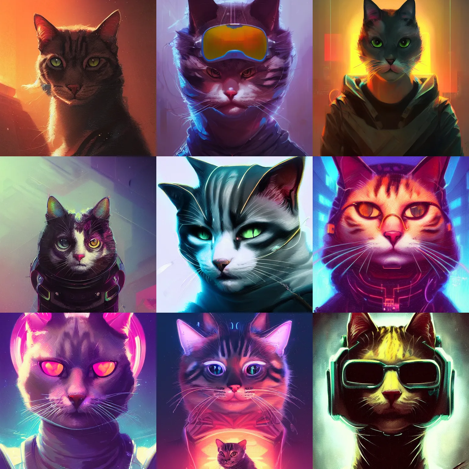 Image similar to detailed portrait of a cat, synthwave, retrowave, cyberpunk, illustration by jordan grimmer and greg rutkowski, trending on artstation