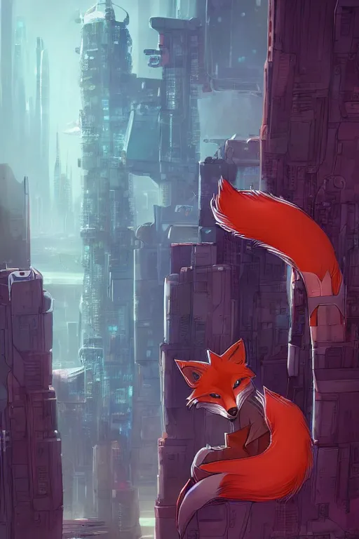 Image similar to an anthropomorphic fox with a fluffy tail staring over a futuristic city from the top of a roof, comic art, trending on furaffinity, cyberpunk, backlighting, cartoon