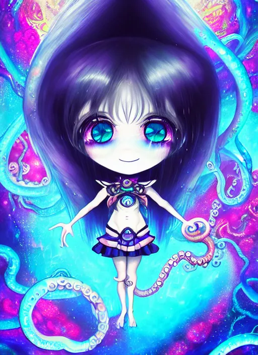 Image similar to A full shot of a chibi girl from the Abyss covered in opal. Symmetrical. Underwater. Dark foreboding Atmosphere. Sailor Moon. Tentacles. Kawaii. Rainbows. By Lisa Frank and HR Giger and Ross Tran. Key Art. Fantasy Illustration. award winning, Artstation, intricate details, realistic, Hyperdetailed, 8k resolution. Photoreal. Octane Render.