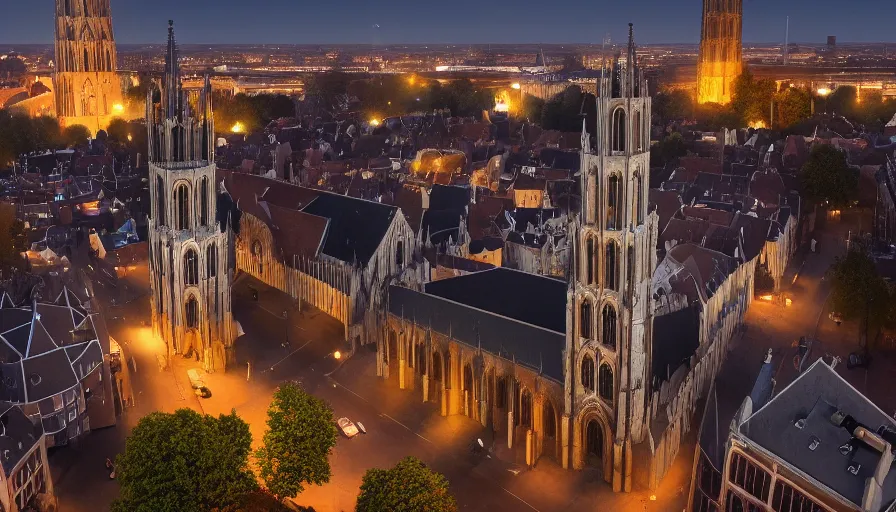 Prompt: Dom church in Utrecht by night, wide view, volumetric light, hyperdetailed, artstation, cgsociety, 8k