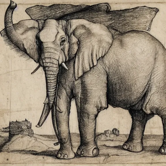 Image similar to a detailed, intricate drawing on parchment with white highlights of a war elephant with heavy armor on a beach, by albrecht durer