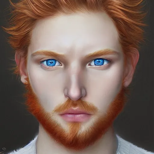 Image similar to 2 4 - year - old man, masculine face, ginger hair, sapphire blue eyes, hyper realistic face, beautiful eyes, highly detailed, digital painting, smooth, sharp, beautiful face, expressive eyes, long fluffy wavy ginger hair, art by greg rutkowski and alex gray