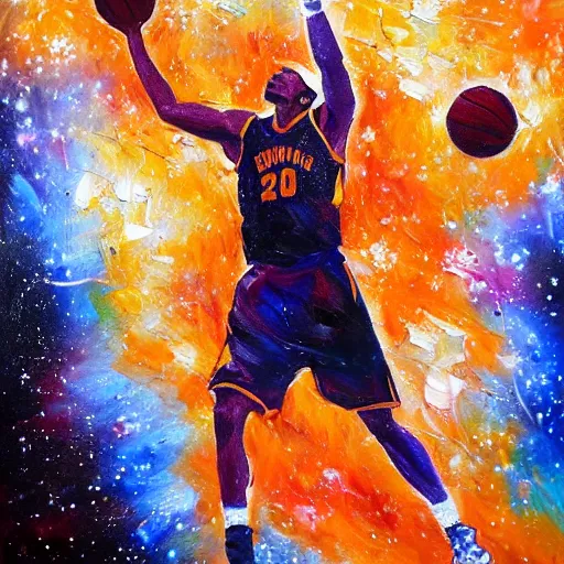 Image similar to An expressive oil painting of a basketball player dunking, depicted as an explosion of a nebula