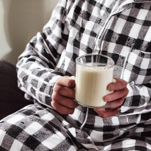 Image similar to a photo of an elephant wearing human flannel pajamas with a checked pattern and drinking a hot milk and relaxing on the couch