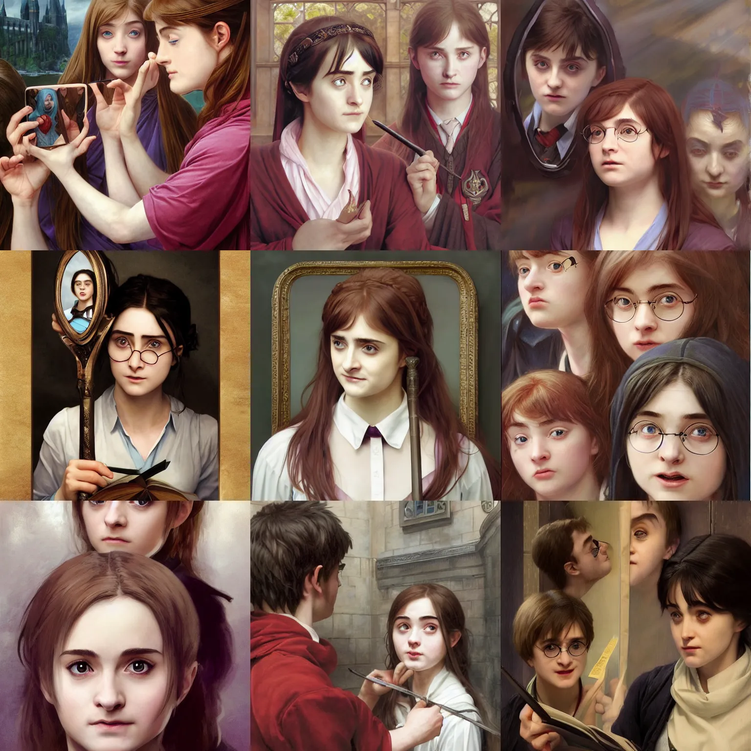Prompt: a surprised female hogwarts student who looks like daniel radcliffe, looking in mirror, holding mirror, surprised expression, defined facial features, symmetrical facial features. by ruan jia and artgerm and range murata and krenz cushart and gil elvgren and william adolphe bouguereau, key art, fantasy illustration, award winning, intricate detail realism hdr