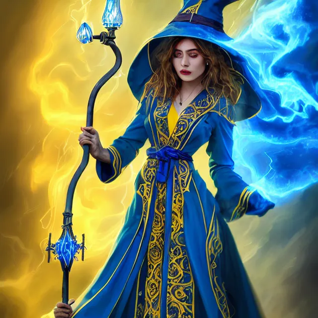 Image similar to beautiful elemental electric witch with ornate blue andyellow robes and staff, highly detailed, 4 k, hdr, smooth, sharp focus, high resolution, award - winning photo, artgerm, photorealistic