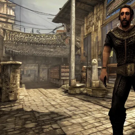 Image similar to screenshot of nicolas cage in the market district of imperial city, from elder scrolls