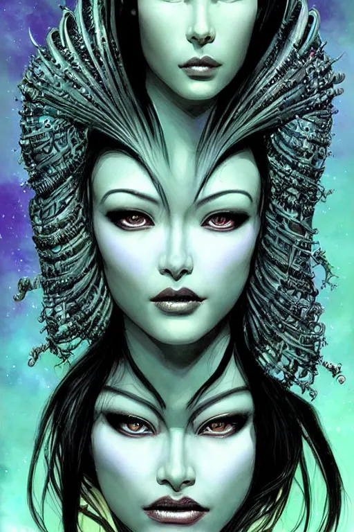 Prompt: a beautiful exotic other-worldly alien queen bust portrait, with confident twinkling eyes, extremely detailed frontal declotage and thick flowing hair, perfectly symmetrical facial features and muscle anatomy, ultradetailed art and illustration, aquiline facial features and primordial beauty, by bill sienkiewicz and chris bachalo and travis charest, fantasy, intricate complexity, asian and native american facial structure, accurate human anatomy mixed with hyper-evolved alien characteristics, sci-fi character concept, mixed media, splatter, bleed, hyperrealism 8k