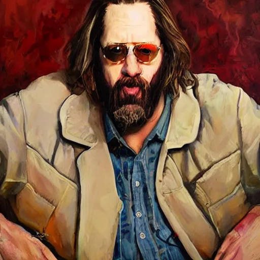 Prompt: a beautiful oil painting of the dude from the big lebowski like he's in borderlands 2, by andrew salgado, andres kal, alan coulson