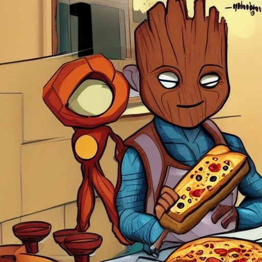 Image similar to Baby Groot eating a pizza