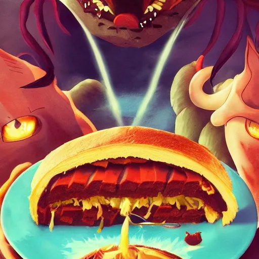 Image similar to giant carnivorous sandwich chasing the scared cat, artstation hq, dark phantasy, stylized, symmetry, modeled lighting, detailed, expressive, true unsimulated emotions, created by hayao miyazaki