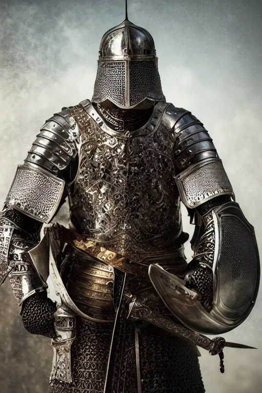 Prompt: a portrait of a medieval knight, historical setting, dynamic pose, close - up, intricate details, intricately detailed clothing, intricate textures, warm lighting, vivid colors, smoke and mist, realistic octane render, hyper realistic render, volumetric shading, depth of field, raytracing, 8 k,