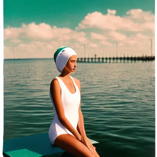 Image similar to a film photography of a woman slender, wearing a mint green one-piece swimsuit, wearing a white bathing cap, sitting on a wooden dock, low angle far shot, side profile parallel to camera, Kodak Portra 800, Kodak film photography, light film grain