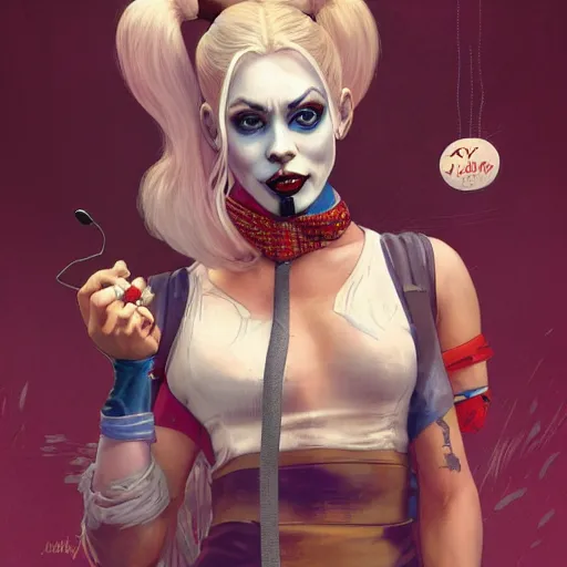 Prompt: Harley Quinn but she's a beautiful ape with long pony tails on either side of her head, mucha, mayhem, illustration, by James Jean, artgerm, octane render, by John Coltrane and Marc Simonetti, Manic, inspired by Greg rutkowski, colorful, studio lighting, high detail of the face, full body
