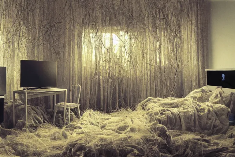 Prompt: IKEA catalogue photo, ghostly teenager bedroom, screens, TVs, monitors, cables, vines, overgrown, haunted, by Beksiński