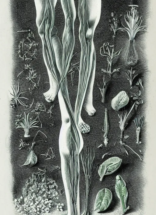 Image similar to fantasy scientific botanical illustration of a green tall plant walking around with human legs