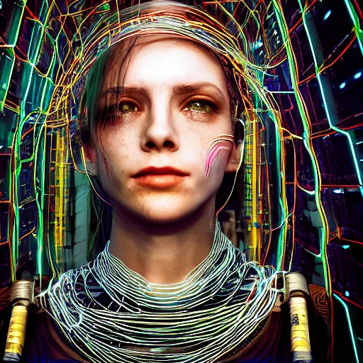 Image similar to kodak portra 4 0 0 long exposure photo portrait of a beautiful cyberpunk woman, cyberpunk dreaming, wires machines, in style of antoine d'agata,, highly detailed, sharp focus, octane render, ethereal, otherworldly colors, atmospheric, soft light, dreamy, volumetric lighting unreal engine, epic fantasy