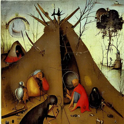 Image similar to homeless alchemist camp in the australian bush, hieronymus bosch