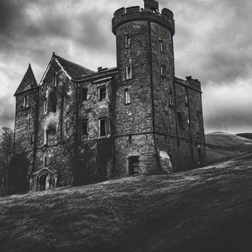 Image similar to haunted castle in the scottish highlands, highly detailed photography, sharp, crisp, ominous, spooky, macabre