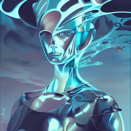 Image similar to scifi futurism automaton minimalism chrome by peter mohrbacher art Hajime Sorayama airbrush hyperrealism model abstract shatter fragments cubism futurism pastel blue soft flat minimal minimalism portrait face jackson pollock ukiyo-e lithograph mark ruthko swirl escape noise shimmer glow paint