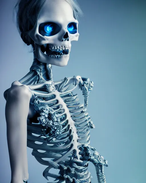 Prompt: natural light, soft focus portrait of a cyberpunk skeletal corpsebride, octane render, tilt shift, polaeized light, blue bioluminescent plastics, smooth shiny metal, elaborate ornate head piece, piercings, skin textures, by annie leibovitz, paul lehr