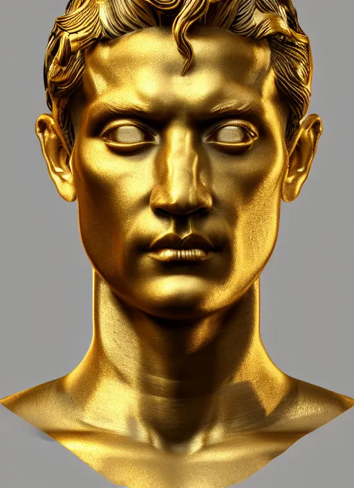 Prompt: stylized gold and black ornate statue bust made of marble of hercules, perfect symmetrical body, perfect symmetrical face, hyper realistic, hyper detailed, by johannen voss, by michelangelo, octane render, blender, 8 k