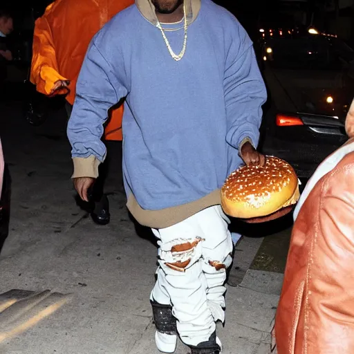 Prompt: kanye west carrying a giant cheeseburger
