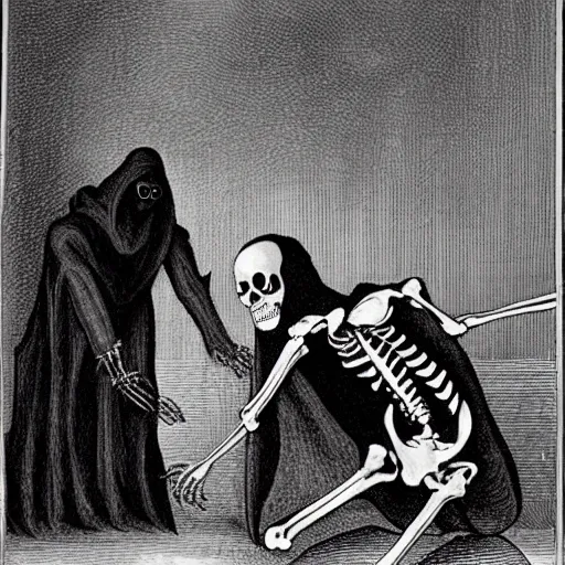 Image similar to a boogeyman in the behind of a skeleton in a black cloak