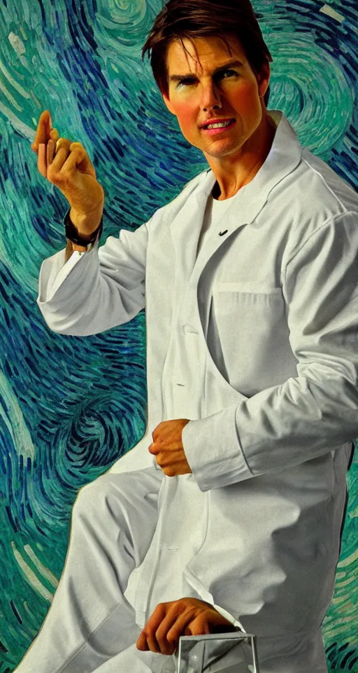 Image similar to Tom Cruise in white lab coat by Van Gogh