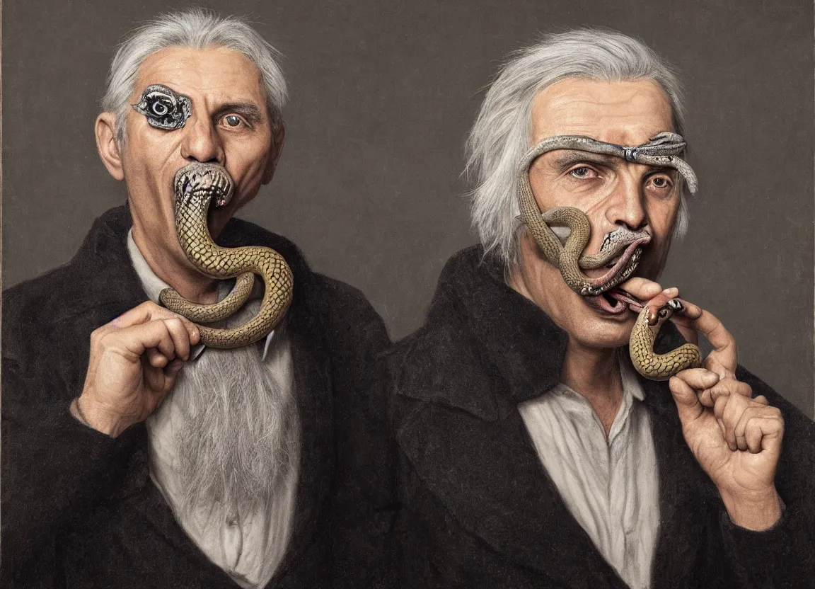 Image similar to Highly detailed portrait of a man with gray hair, a black eye patch, and a snake in his mouth