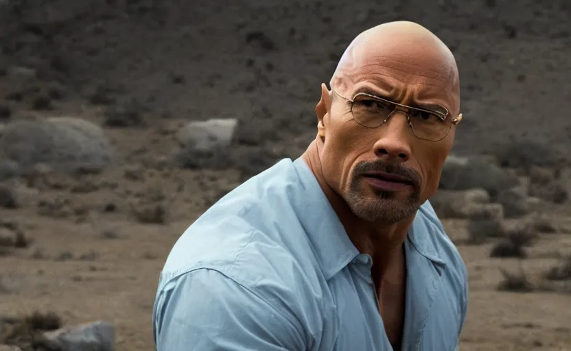 Image similar to Dwayne The Rock Johnson as Walter White in 'Breaking Bad' (2012), movie still frame, oscar nominated cinematography, volumetric lighting, 8k resolution, beautiful composition