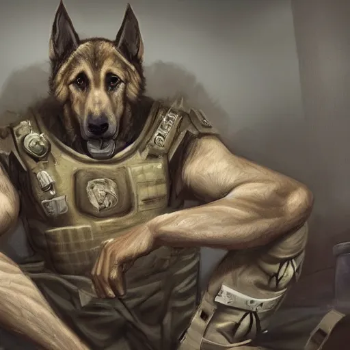 Image similar to a wounded humanoid german shepherd beast - man in military style, sitting on the carpeted floor beside a bed, highly detailed portrait, digital painting, artstation, concept art, smooth, sharp foccus ilustration, artstation