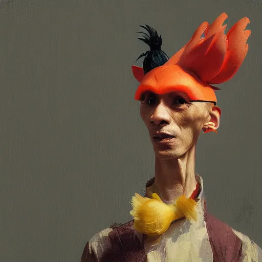 Image similar to scary portrait of an asian man dressed as a chicken, the chicken man, man dressed as a chicken, highly detailed painting by sergey kolesov, 8 k, man dressed as a chicken