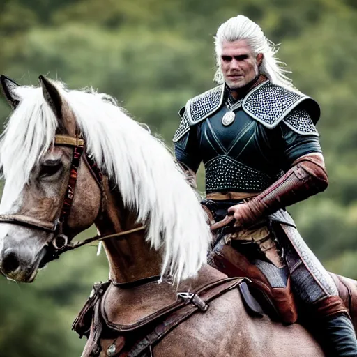 Prompt: donald trump riding a warrior horse as geralt of rivia from the witcher movie, dramatic film still, details, sigma 7 5 mm, 4 k