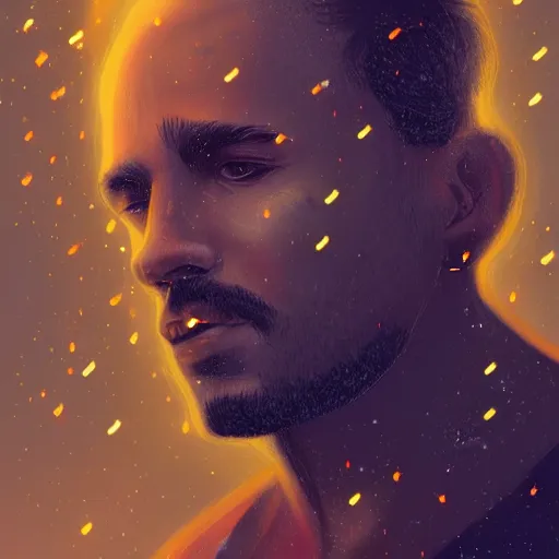 Image similar to man portrait surrounded by fireflies, artstation